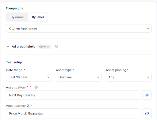 Screenshot from Adalysis showing the ad test setup screen