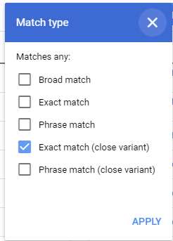 Google Ads filter by match type with chosen Exact Match (close variant)