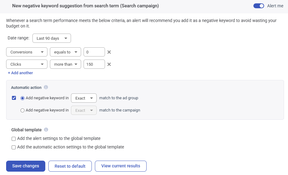 A keyword alert from Adalysis, that shows how you can review the rules for your audit alerts and adjust them for your account’s goals and data volumes.