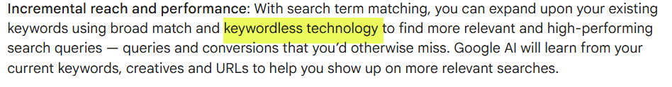 Screenshot from Google's help file on keywordless technology