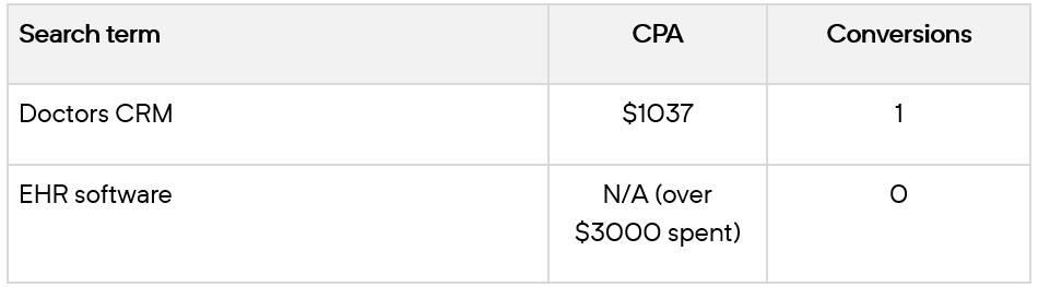 Table showing search terms with their CPAs and conversions