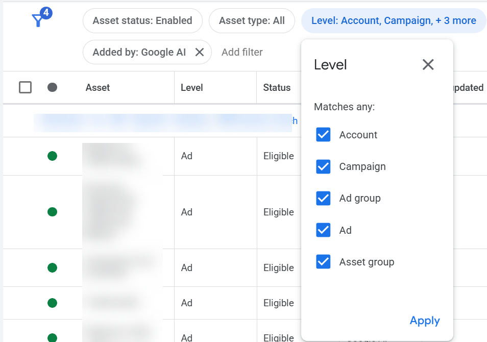 Google Ads filter screenshot