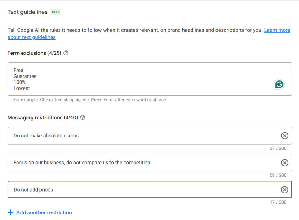 AI Max text guidelines: term exclusions