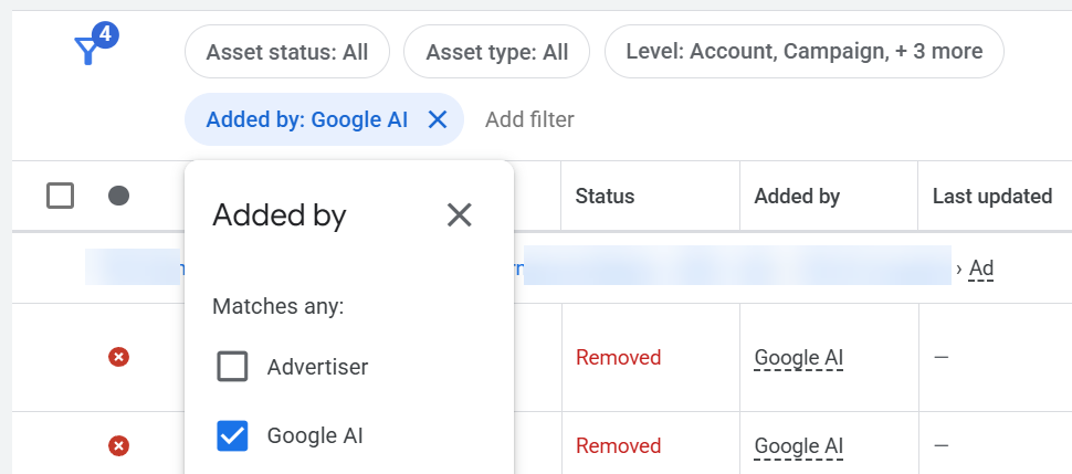 Google Ads filter screenshot