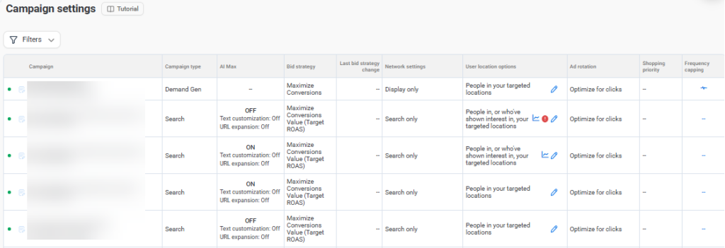 Screenshot of Adalysis showing the campaign settings screen where you can compare settings across campaigns at scale