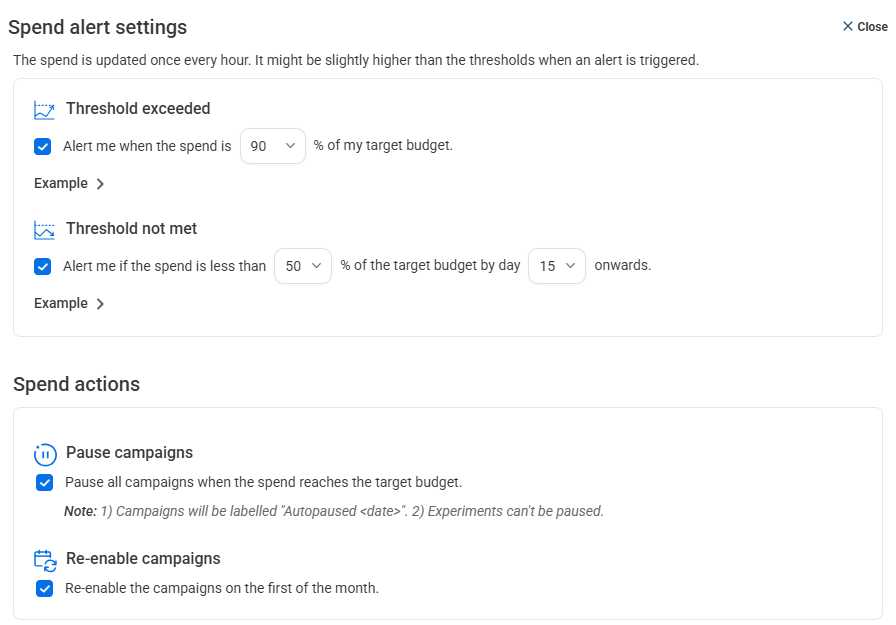 Adalysis spend alert options