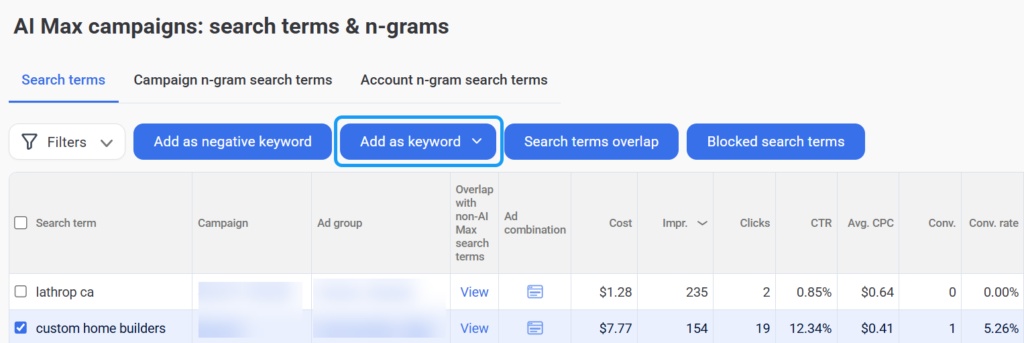 AI Max search terms view