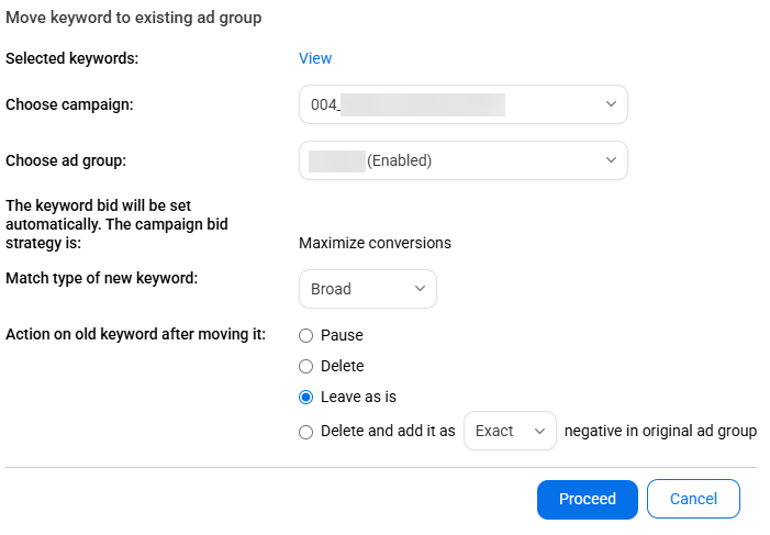 Adalysis dialogue with options for copying your keywords to an existing ad group