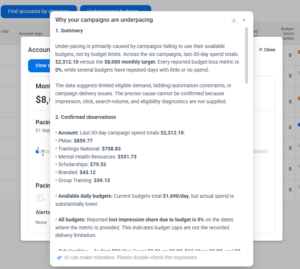 Screenshot of AI Explanations in the Adalysis budget management suite