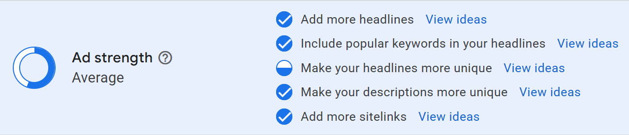 Screenshot of Google Ads ad strength recommendations